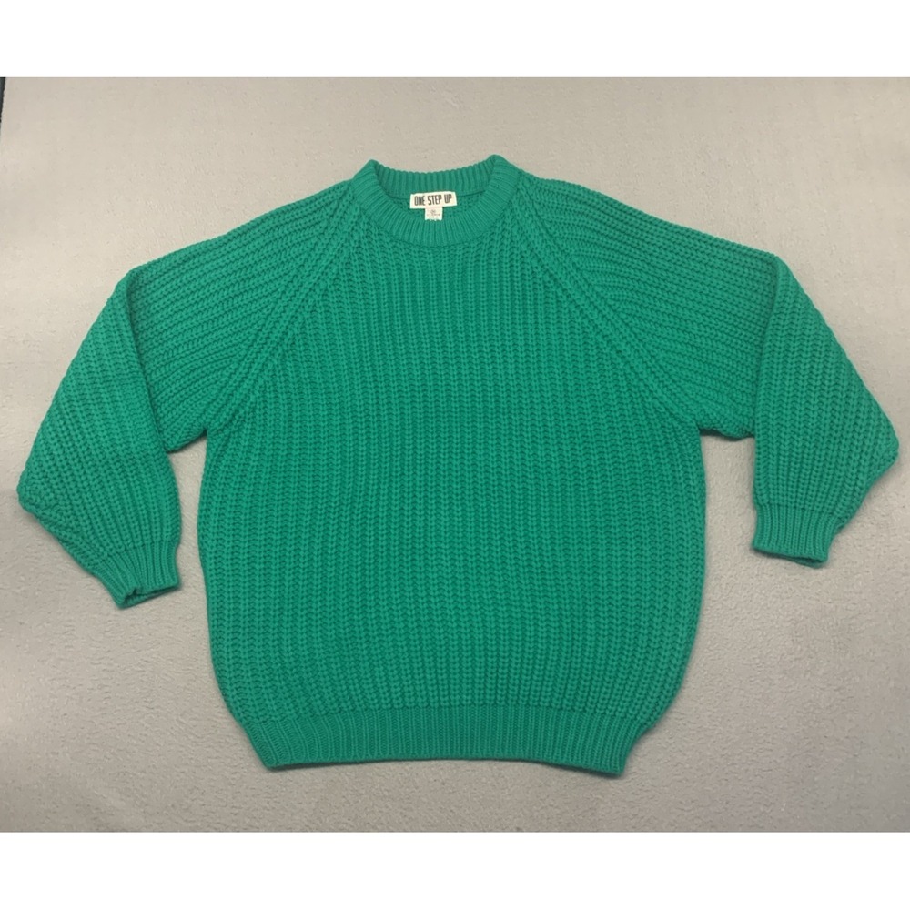 Vintage 90s One Step Up Sweater Women's M Green Chunky Rib Knit Acrylic 80s NEW